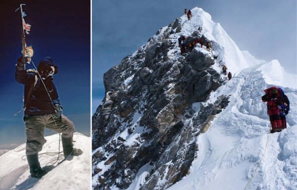 Tenzing Norgay at the summit of Mount Everest + Mountaineers descending the Hillary Step