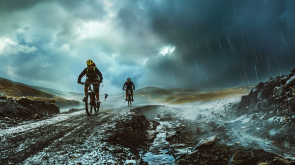 Two men mountain biking uphill in bad weather on a dirt trail